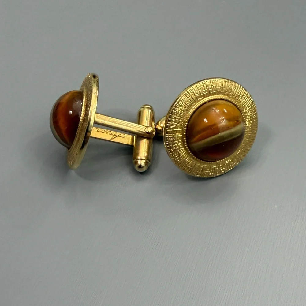 Vintage Anson Gold Saturn Greek Key Textured Cufflinks With Tiger's Eye Glass